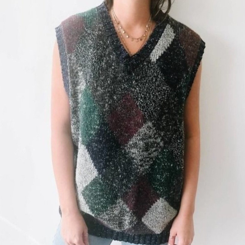 Perry Ellis Argyle Sweater Vest XL Green Burgundy Grey‎ Wool Blend V-Neck Knit